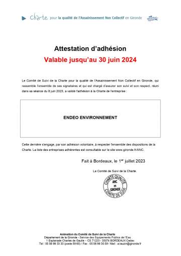 Notre adhésion à la Charte Qualité Assainissement Non Collectif en Gironde pour le respect des bonnes pratiques